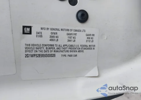 2005 Chevrolet Impala z USA, uszkodzony, nr VIN 2G1WF52E959300026